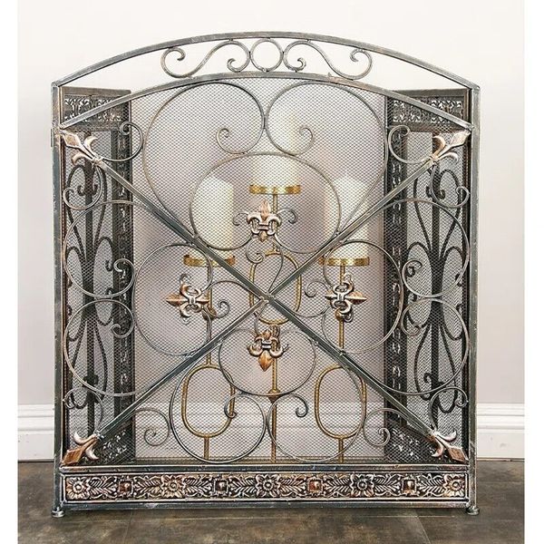 3 Panel Iron Fireplace Mesh Screen Traditional Scroll Metal Fleur De Lis Design