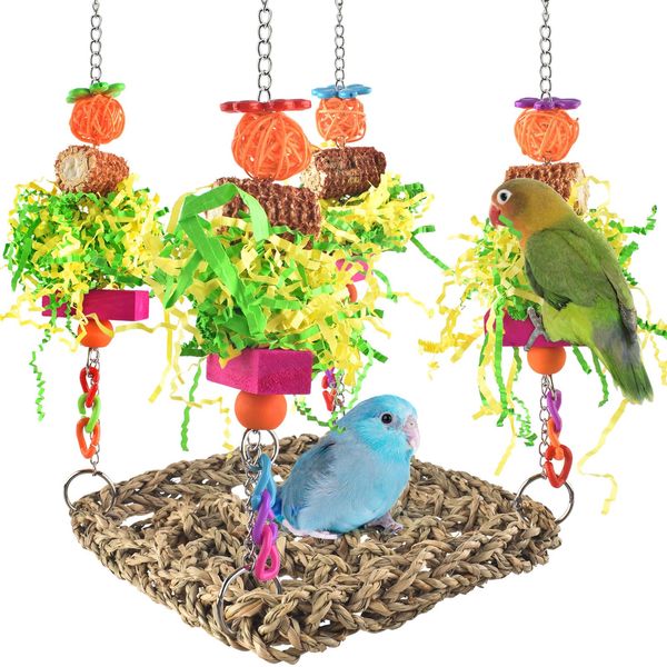 ERKOON Conure Toys, Bird Cockatiel Toys Foraging Swing Mat Parrot Climbing Hammock Wall with Colorful Toys for Birds Shredding Seagrass, Birds Cage Toy Accessories