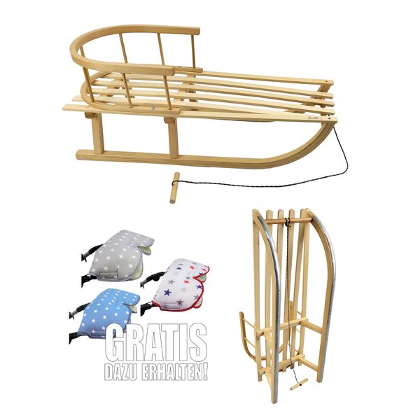 Kinderschlitten [Holzschlitten mit Rückenlehne] Schneeschlitten Rodelschlitten mit Lehne Davoser Schlitten Rodel mit Rückenlehne und Zugseil 90cm + GRATIS Handwärmer