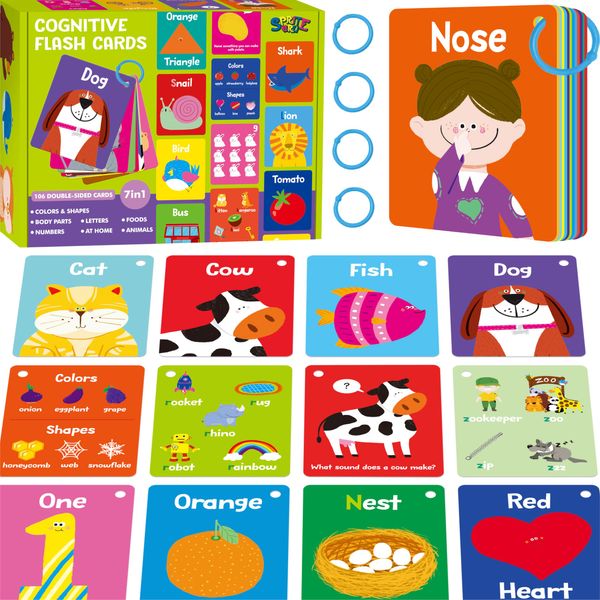 106 PCS Early Learning Flashcards, Double Sided Cards- Alphabet, Numbers, Foods, Animals, Shapes, Colors, Home Object with 4 Reclosable Rings, Learning Tool for Pre-K Kindergarten Toddlers