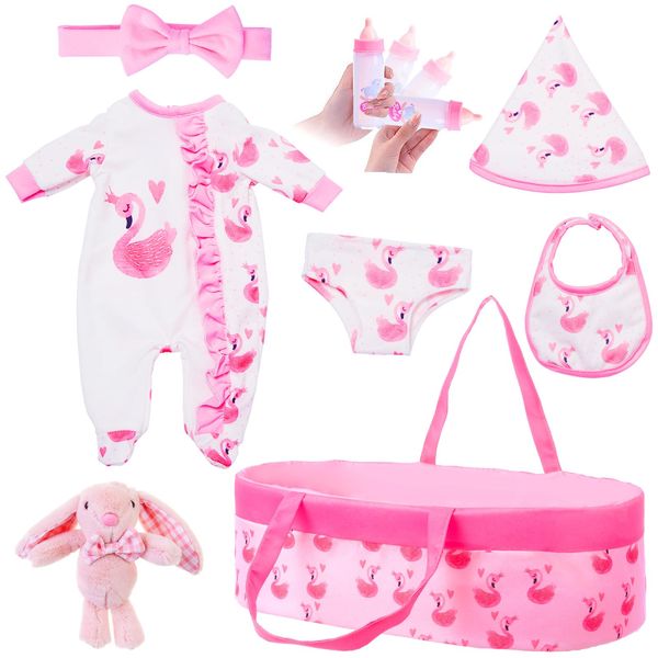 UNICORN ELEMENT 8PCS Baby Doll Clothes Baby Doll Accessories with Bassinet for 17-22 Inch Baby Doll, Flamingos Baby Doll Clothing Fit Reborn 18 Inch Baby Dolls, Best Gift for Toddlers 3+