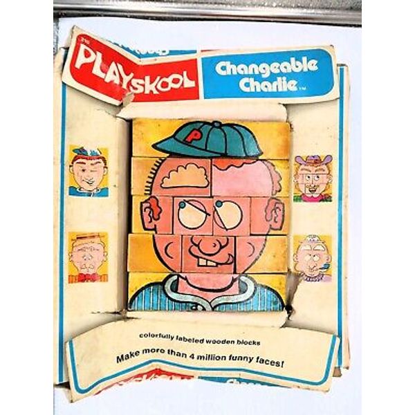 Vtg Changeable Charlie Wooden Blocks Faces Puzzle Kit PLAYSKOOL '79 Orig Box Toy