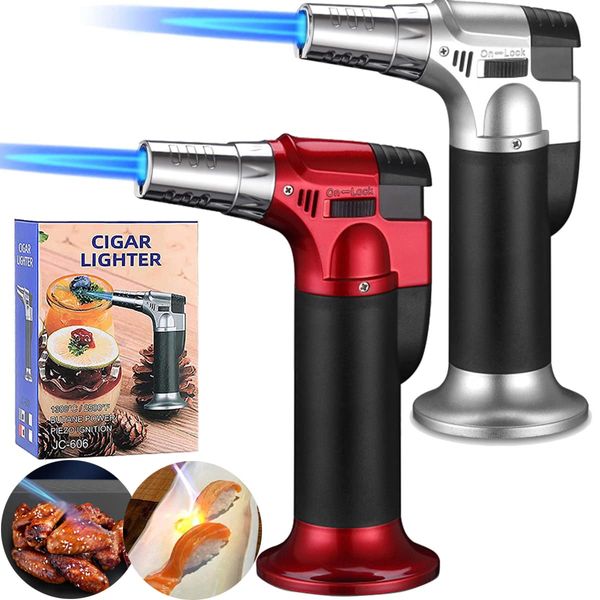 2 Pack Butane Torch Lighter, XWFEU Blow Torch Refillable Kitchen Cooking Torch with Safety Lock Adjustable Flame for Desserts Creme Brulee BBQ Baking (Silver Red)