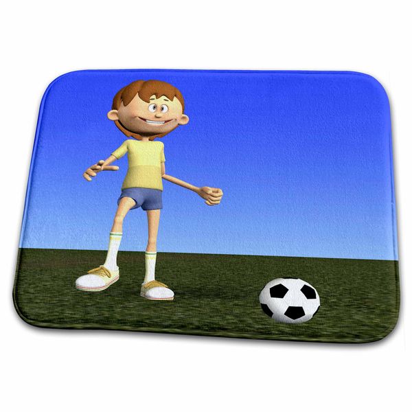 Dish Drying Mat - Boy playing with soccer ball in grass Graphics Cartoon