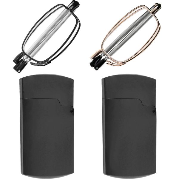 Reading Glasses 2 Pair Readers Compact Folding Unisex Glasses for Reading Case Included Set of Black and Gold +1.75