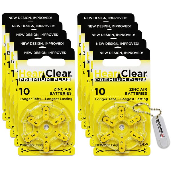 HearClear Size 10 Hearing Aid Batteries (60 Pack) + Battery Holder