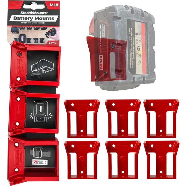 StealthMounts Battery Holder Compatible with Milwaukee M18 (6 Pack) - Red | StealthMounts Battery Mounts | Made in the UK