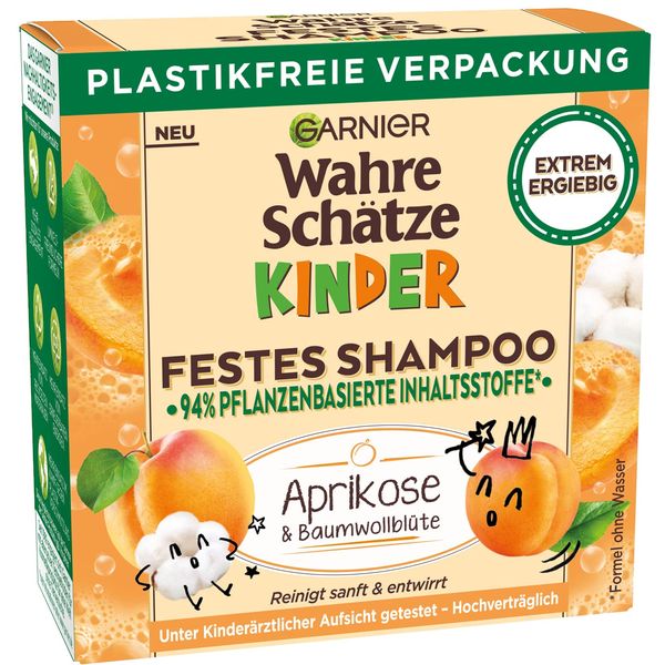 Garnier Festes Kindershampoo, Mildes Pflegeshampoo für empfindliches Haar und leichte Kämmbarkeit, Mit Aprikose und Baumwollblüte, Wahre Schätze Kids, 1 x 60 ml