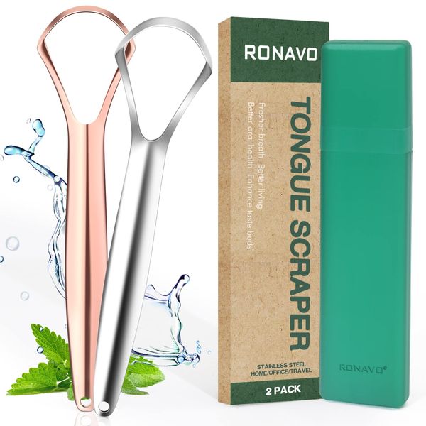 Tongue Scraper (2 Pack), Tongue Cleaner Cure Bad Breath, Tongue Cleaners Stainless Steel, Metal Tongue Scrapers for Adults Fresher Breath in Seconds.by RONAVO