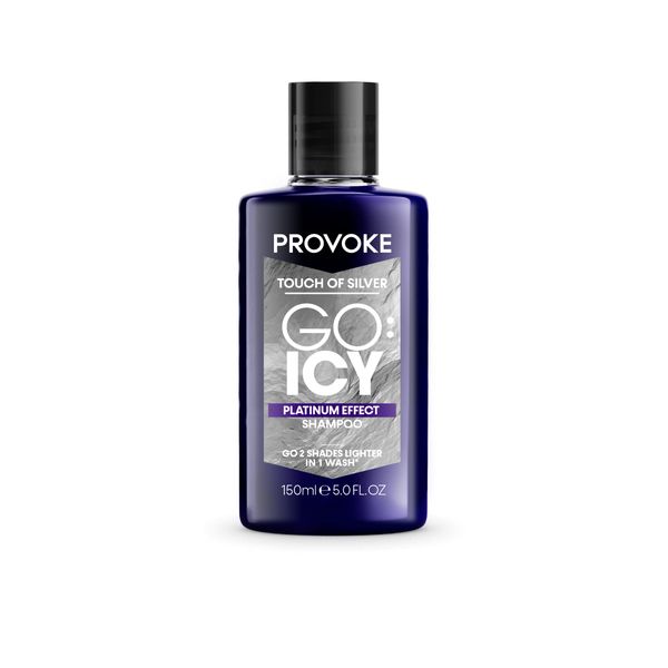 PROVOKE Touch of Silver GO ICY SHAMPOO 150ml. Icy Platinum Look in Just 1 Wash. Triple Toning Technology to Cool Down Warmer Brassy Tones for an Extra Light Colour. Enriched Keratin to Deeply Hydrate