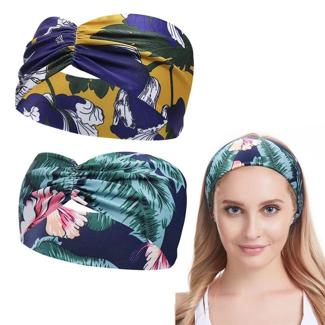 SIOPPKIK Stirnbänder Yoga Haarband Damen Boho Elastische Weiche Criss Floral Haarbänder, Nicht Leicht Abzurutschen Vintage Gedruckt Haarschal Stilvolle Elastische Haarbänder für Yoga Fitness(2 Stück)