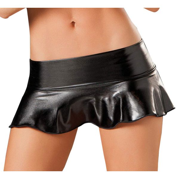 HOT DREAM Women Shiny Metallic Ruffle Pleated Micro Mini Short Skirt Faux Leather Wet Look Sexy Clubwear Dance Party Dress (Black)