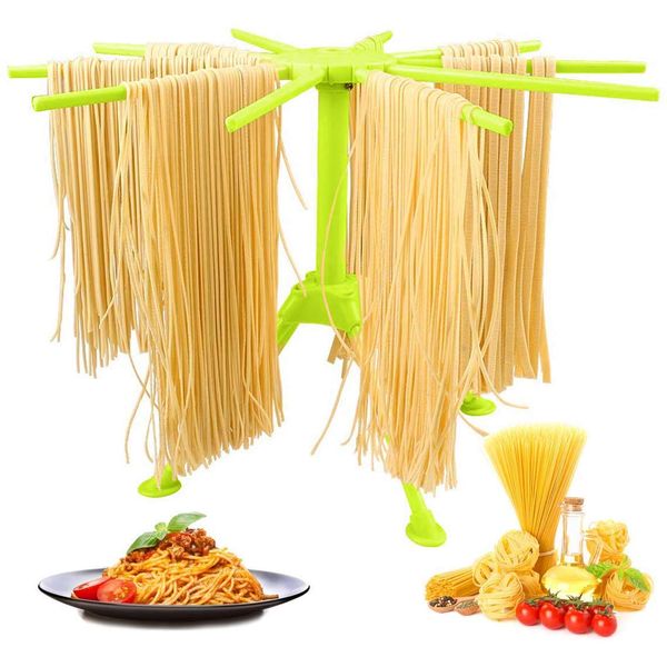 Pasta Drying Rack Collapsible, Fresh Noodles Hanging Stander, Household Pasta Drying Tool for Kitchen, Foldable Plastic Noodles Stander Spaghetti Holder Stand with 4 Legs and 10 Arm Handles (Green)