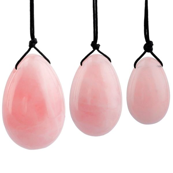 rockcloud Rose Quartz Set of 3 Drilled Yoni Eggs with String, Massage Stones for Women to Train Pelvic Muscles Kegel Exercise