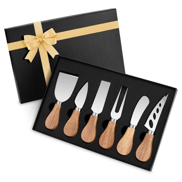 Cheese Knife Set 6 pcs, Cheese Cutlery Stainless Steel, Cheese Slicer Cheese Cutter Wood Handle, Cheese Set Includes Cheese Knife Cheese Fork Cheese Spreader Great Gift for Wedding, Housewarming,