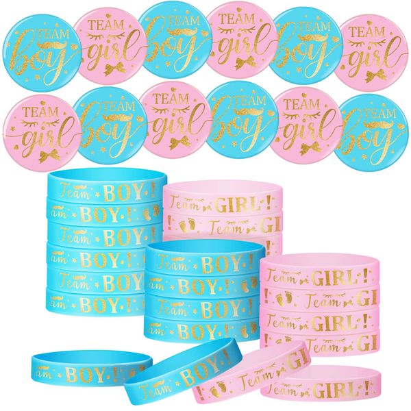 48 Pcs Gender Reveal Game Set, Include 24 Gender Reveal Buttons Pins 24 Gender Reveal Silicone Wristbands Rose Gold Team Girl Boy for Baby Shower Gender Reveal Games Party (Blue, Pink, Footprint)