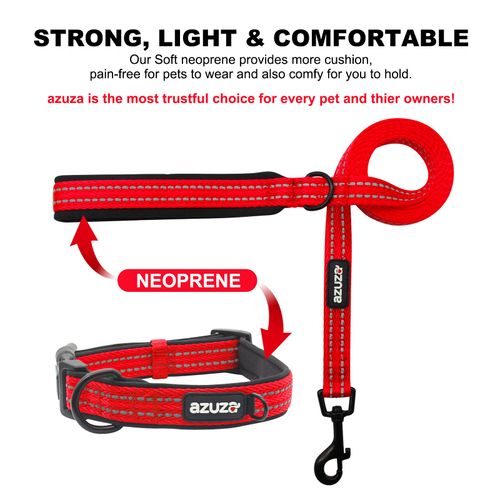 azuza Dog Collar and Leash Set, Durable Padded & Reflective Strip, Super Comfy for Medium Dogs, Royal Red