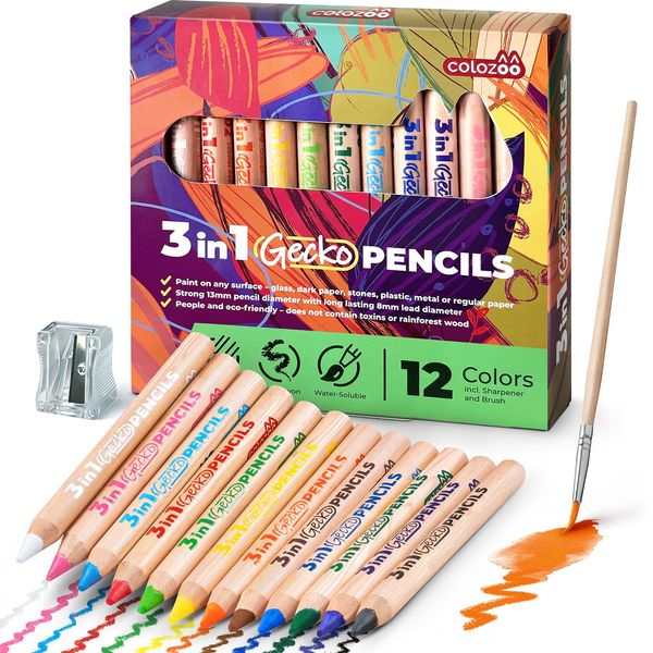 colozoo Gecko Wood 3 In 1 Dicke Bunstifte Kinder | 12 Farben Kinder Malstifte Set inklusive Pinsel und Anspitzer | Ungiftige und Vegane Stifte für Kinder ab 3 Jahren