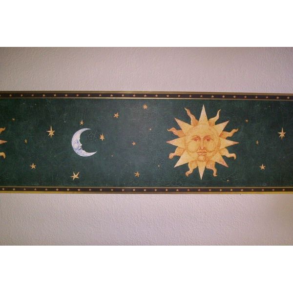 GREEN & YELLOW SUN MOON & STARS PREPASTED WALLPAPER BORDER # TX2023B