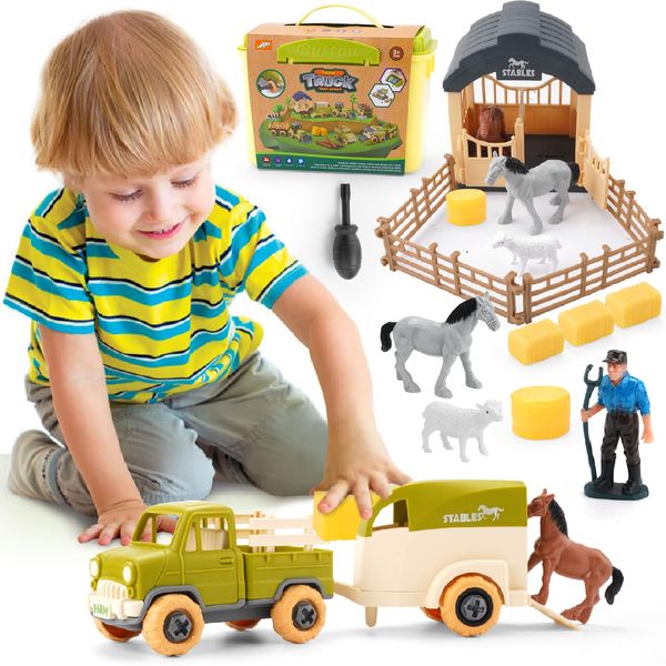 Eaciilee Sandbox Toys for Toddlers 1-3, DIY Take-Apart Truck, Trailer, Farm Animals, Horse, Lamb Figurines, Screwdriver - Sand Toy Trucks Toy PlaySet for Age 3-5 Years Old Kids