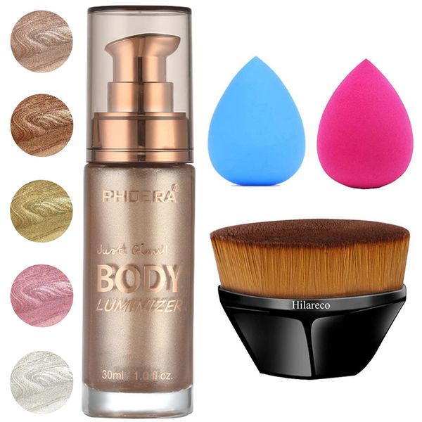 PHOERA Body Shimmer Oil, Body Bronzer Shimmer Oil,Body Glow Oil Shimmer Highlighter Luminizer Body Illuminator with Body Makup Bursh,Self Tanning Lotion,1oz/Jars (101 Rose Gold)