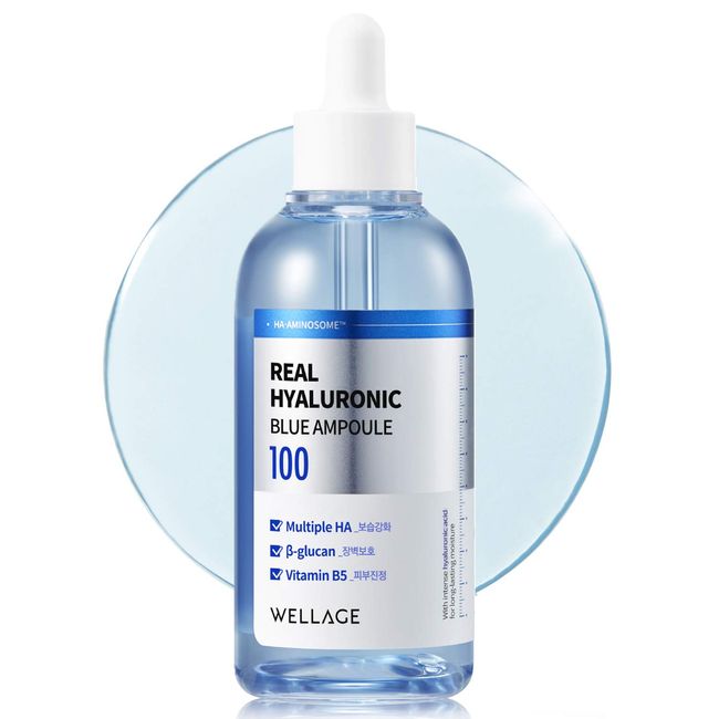WELLAGE Real Hyaluronic Blue Ampoule 100 100ml (3.38 fl.oz.), Fragrance Free Hyaluronic Acid Ampoule, Hydrating Non Sticky Serum for Sensitive Dry Skin, Remove Impurities, Stable Moisture Absorption