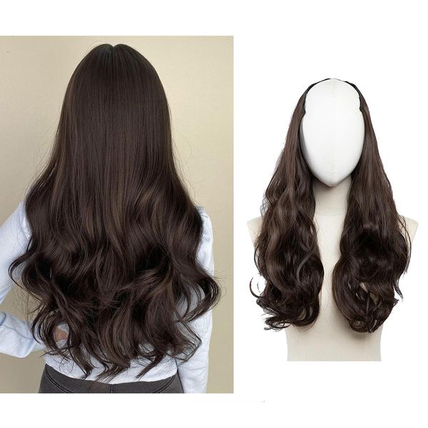 SARLA Clip in U Part Hair Extensions Dark Brown Long Wavy Full Head Synthetic Hairpiece 24 Inch for Women