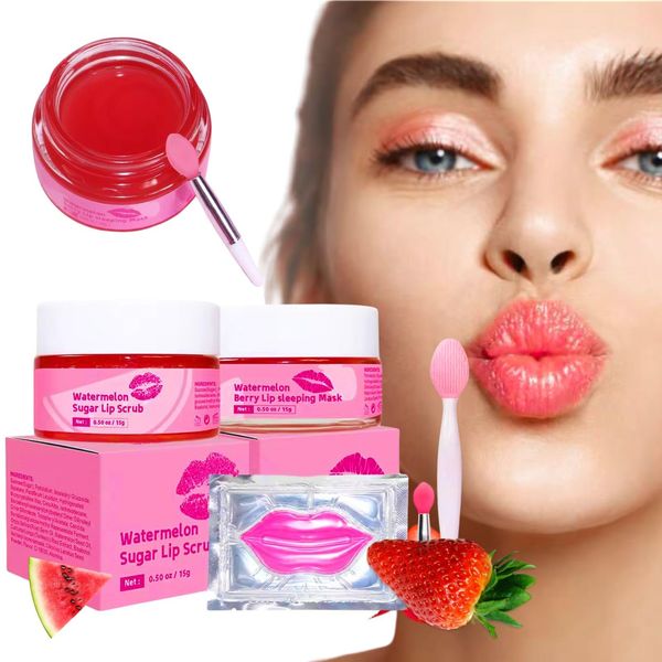 Nielies 5-in-1 lip care kit, Lip scrub set with watermelon and strawberry lip sleeping mask, brush, sugar scrub,lip masks to Nourish and Moisturize Lip (5)