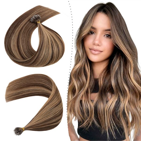 18 inches Nano Ring Tip Hair Extensions Pre Bonded 100% Real Hair Extensions 1g/s CoLd Fusion Hair Extensions #4P27 Medium Brown&Dark Blonde