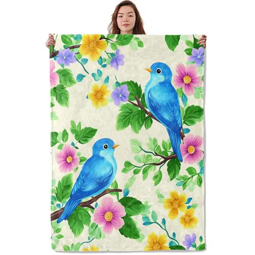 UNDAHIS Cute Blue Bird Blanket, Soft Warm Cozy Pretty Birds and Colorful Flowers Throw Blanket for Adults Kids Women, Lightweight Comfy Fuzzy Flannel Blankets for Couch, Travel, Home Decor 60×50 Inch
