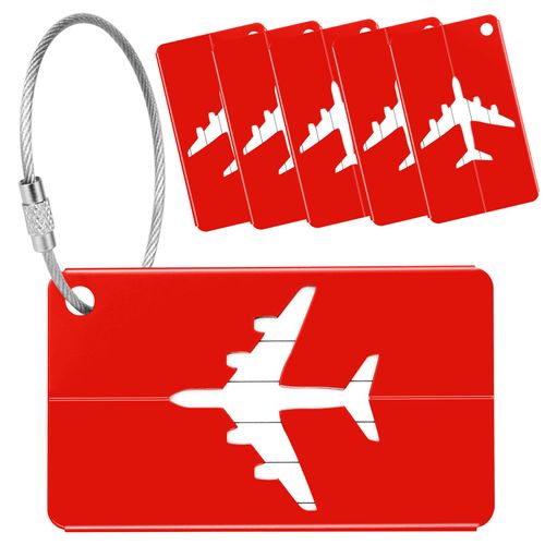 Yizhet 6 x Luggage Tags with Address Label, Aluminium Luggage Tag, Suitcase Sign with Stainless Steel Cable and Waterproof PVC Name Tag, Luggage Tags for Luggage, Suitcase, Bag, Handbag (Red)