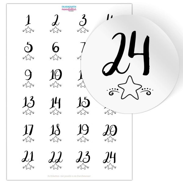 Adventskalender-Zahlen Aufkleber 1 bis 24 / modern mit Sternen schwarz/Etiketten/Sticker/Weihnachtskalender/Advent/Rund/DIY/zum Aufkleben