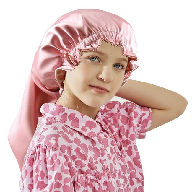 ELIHAIR Kids Long Sleeping Cap Teens Toddler Child Hair Bonnets Night Sleep Cap Adjustable Silky Satin Bonnet Cap for Long Braids Curly Hair Juicy Pink