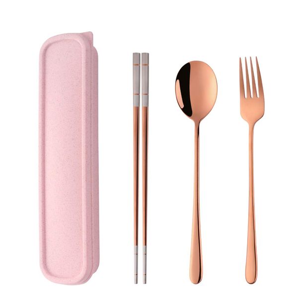 SBOMHS 18/10 Stainless Steel Portable Cutlery Chopsticks Spoon Fork Set with Case for School Home Office Camping Travel Outdoor Rose Gold