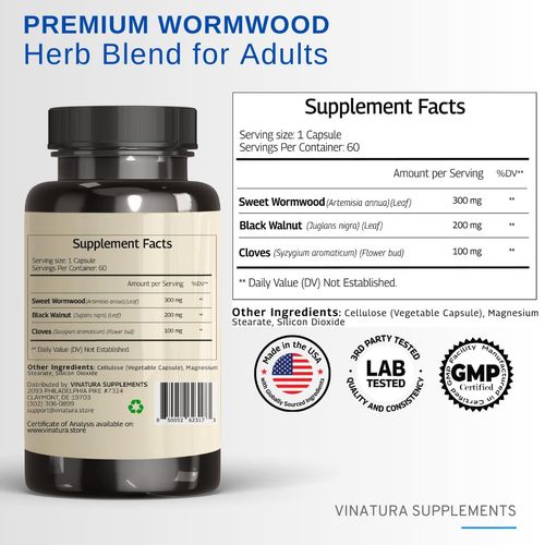 VINATURA Wormwood Black Walnut Clove Capsules - Cleanse, Detox, Intestinal Guard Formula Supplement for Humans, with Wormwood herb, Black Walnut Extract Combination, 60 Capsules