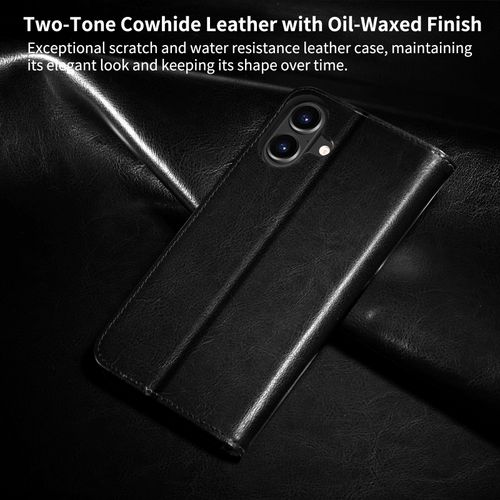 Belemay Compatible with iPhone 16 Plus Case Wallet, Durable Genuine Leather, RFID Blocking Card Holders, Shockproof TPU Shell, Kickstand, Drop Protection, Protective Flip Cover 6.7", Black