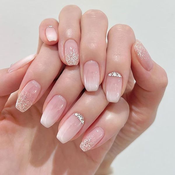 JUSTUSNX 24pcs Square Pink White Gradient Fake Nails Rhinestone False Nails Short French Press on Nails for Women and Girls (B)