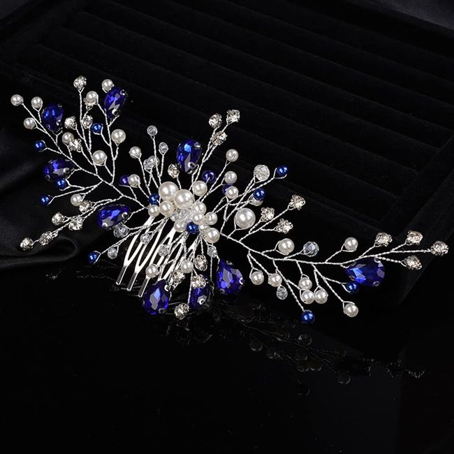 Teyglen Blue Crystal Bride Wedding Hair Comb Handmade Pearl Rhinestone Hair Pieces Hair Accessories for Bride Bridal Side Hair Comb Headpieces for Women Girls