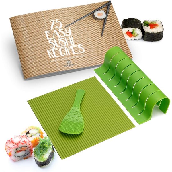 Sushi Making Kit - Home Cooking Gift Set for Kids and Adults - Silicone Sushi Roller With Recipe Book - DIY Sushi Maker Mold