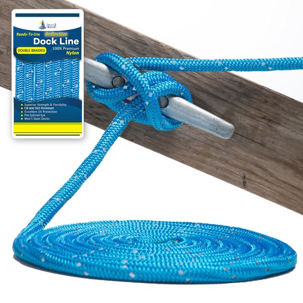 5/8" x 20' Marine Blue Reflective Double Braided Nylon Dock Line - for Boats up to 45' - Long Lasting Mooring Rope - Strong Nylon Dock Ropes for Boats - Marine Grade Sailboat Docking Rope