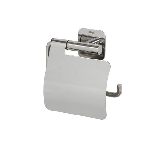 Tiger Colar Toilet Roll Holder with Cover, Mounting without Drilling, Stainless Steel Polished, 14.6 x 13.3 x 3.5 cm