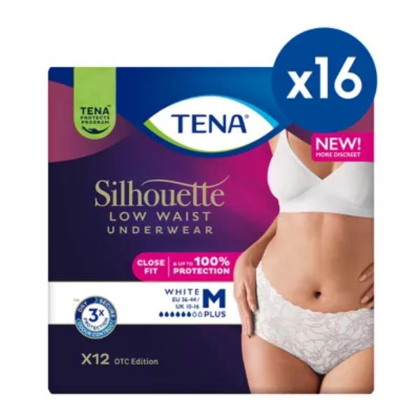 Tena Silhouette Pants Plus Medium Low Waist White 12s 16 Pack Bundle