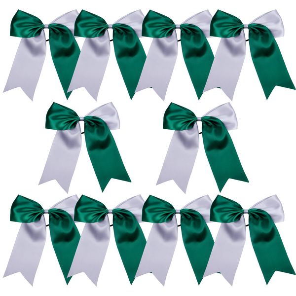 8 Inch 2 Colors Jumbo Cheerleader Bows Ponytail Holder Cheerleading Bows Hair Bow (Forest green/Silver)