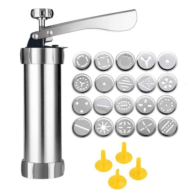 Cookie Press Stainless Steel Cookie Press Gun Kit Biscuit Maker and Churro Maker Cookie Press Machine with 20 Cookie Discs 4 Nozzles for DIY Biscuit