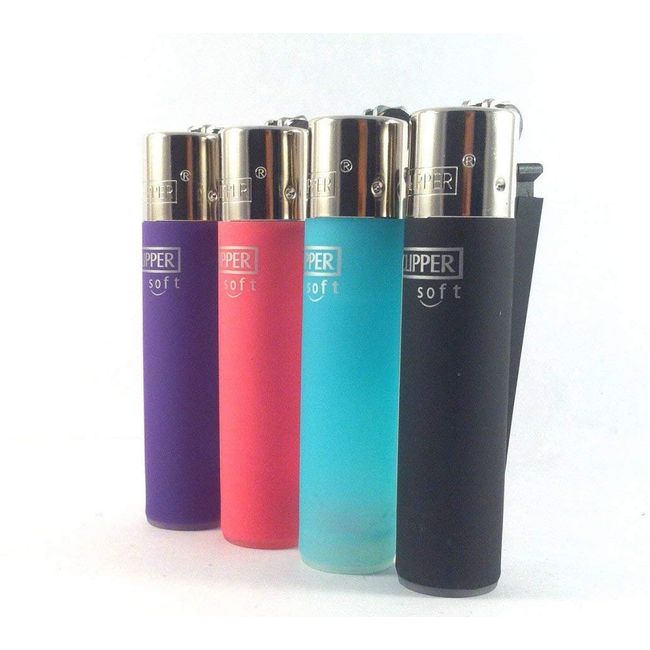 4 x Clipper Soft Touch Lighters Gas Refillable Flint Lighter - Genuine Clipper Original (Pink, Black, Turquoise, Purple)