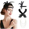 3 Pack 1920s Flapper Headband Accessories Set, Vintage Flapper Feather Headband, Black Long Gloves, Pearl Necklace, Great Gatsby Costume Accessories, Retro Style Hair Accessories