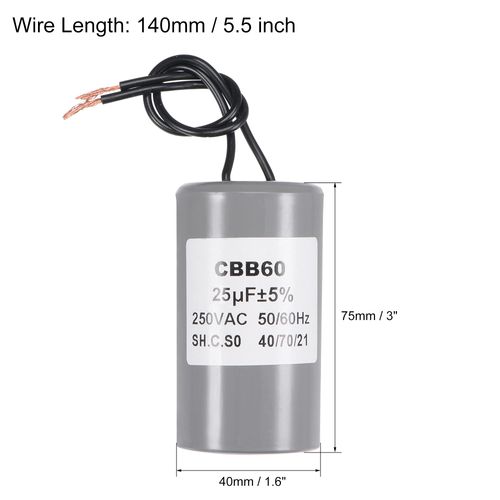 uxcell CBB60 Run Capacitor 25uF 250V AC 2-Wire 50/60Hz Cylinder 75x40mm for Air Conditioner Pressor, Water Pump Motor