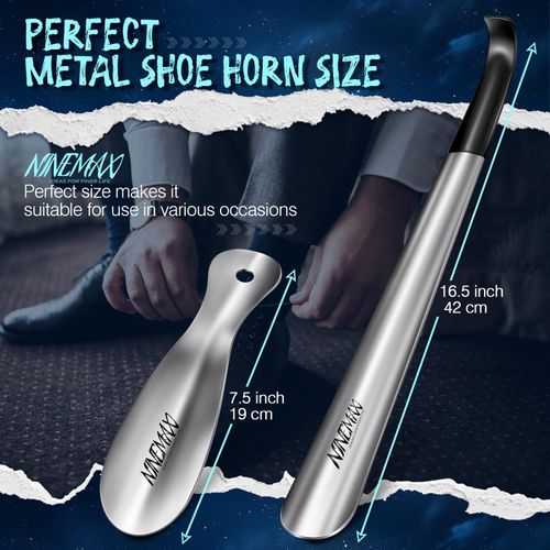 NINEMAX Extra Long Handle Shoe Horn (16.5") & (7.5") Travel Shoe Horns, 2 Pack Metal Shoe Horns for Seniors, Men, Women, Kids