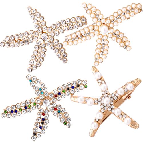 PAGOW 4 Pieces Starfish Hair Clips, Gold Rhinestone Pearls Crystal Hair Clips, Sea Star Ponytail Holder, Faux Pearl Crystal Wedding Headpiece Hair Accessories For Women, Girls, Bride (1.73x2.48 Inch)