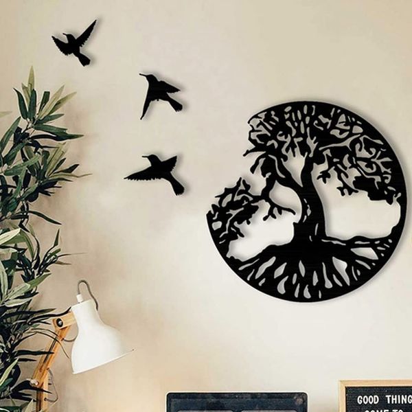 HAIYINGTF Black Metal Wall Art Tree Life Metal Wall Decor Wall Sculptures Tree Bird Shaped Wall Sign Black Hanging Ornaments for Bedroom Living Room Decoration(28cm/11.02in)